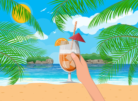 Glass of cold drink, alcohol cocktail in hand. Landscape of palm tree on beach. Sun with reflection in water and clouds. Day in tropical place. Vacation and holidays. Vector illustration in flat style