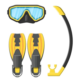 Diving mask, flippers and snorkel. Diving equipment. Scuba, snorkeling. Goggles and pipe. Vector illustration in flat style