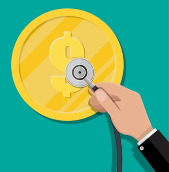 Hand with medial stethoscope and big golden coin with dollar sign. Check the financial stability. Vector illustration in flat style