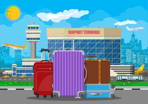International airport concept. Travel suitcase with stickers of countrys and citys all over the world. Airport terminal with road, taxi cab, bus and aircraft. Cityscape. Vector illustration flat style