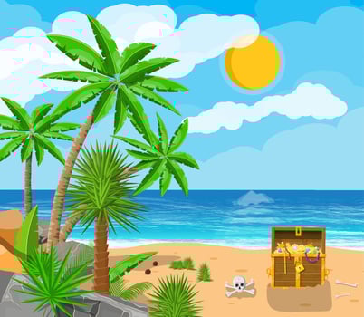 Pirates treasure island with chest full of gems and gold, death skull and crossbones. Beach with palm, coconuts. Sea, cloud and sun. Vector illustration in flat style