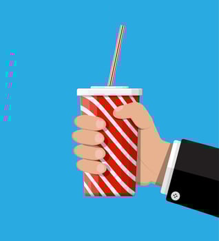 Red striped paper glass with drinking straw in hand. Disposable cup for beverages. Fast food. Vector illustration in flat style