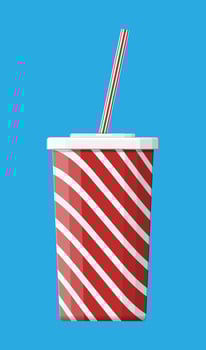 Red striped paper glass with drinking straw. Disposable cup for beverages. Fast food. Vector illustration in flat style