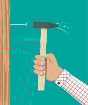 Man hammering nail with hammer into wall. Construction and repair. Repairman or serviceman with working tools. Vector illustration in flat style