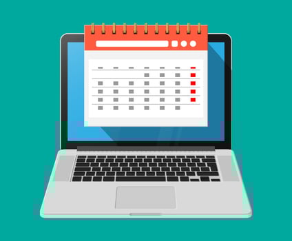 Paper spiral wall calendar in laptop. Calendar flat icon. Schedule, appointment, organizer, timesheet, important date. Vector illustration in flat style