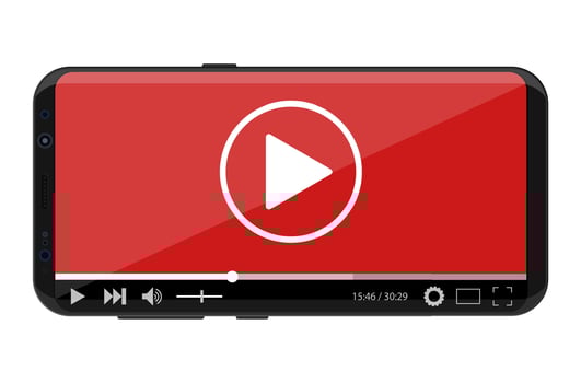 Modern frameless smartphone with video player on screen. Online streaming service on laptop. Cinema, movies, courses and education in internet. Digital content. Vector illustration in flat style