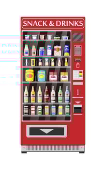 Automatic vending machine with food and drinks. Bottles and cans with drinks, chips, chocolate and other snacks. Vector illustration in flat style