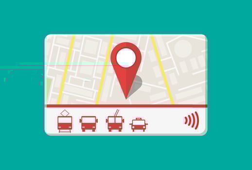 City pass. Bus, train, subway, taxi travel ticket with cashless payment system. Card with map of city with roards and houses. Vector illustration in flat style