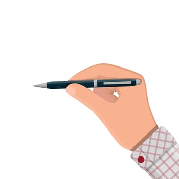 Detailed classic ballpoint pen in hand. Office and school equipment, stationery. Vector illustration in flat style