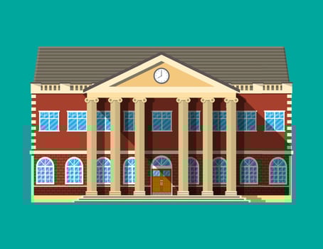 School building. Brick facade with clocks. Public educational institution. College or university organization. Vector illustration in flat style