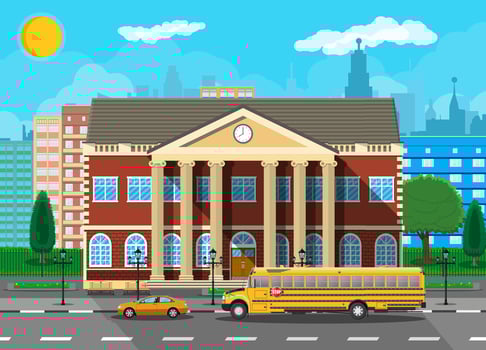 Classical school building and cityscape. Brick facade with clocks. Public educational institution and bus. College or university organization. Tree, clouds, sun. Vector illustration in flat style