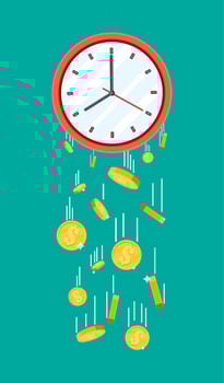 Golden coins falling from clocks. Overspending, losing, bankruptcy, devalue, deficit, losing money. Time is money concept. Vector illustration in flat style