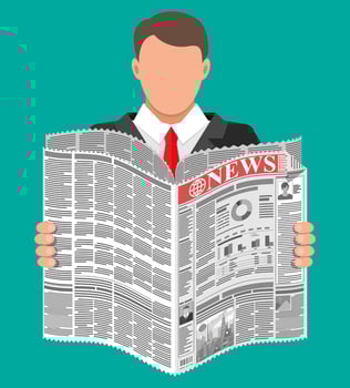 Businessman with coffee reading daily newspaper. News journal design. Pages with various headlines, images, quotes, text and articles. Media, journalism and press. Vector illustration in flat style.
