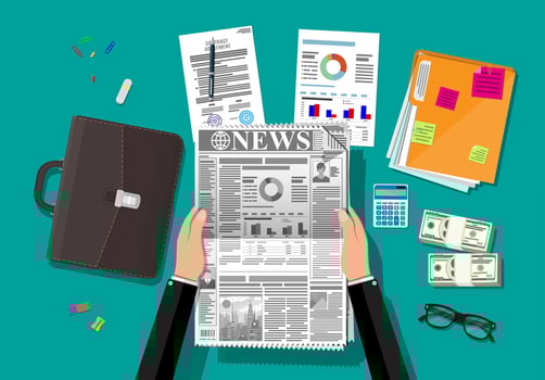 Businessman reading daily newspaper. News journal design. Pages with various headlines, images, quotes, text and articles. Media, journalism and press. Vector illustration in flat style.