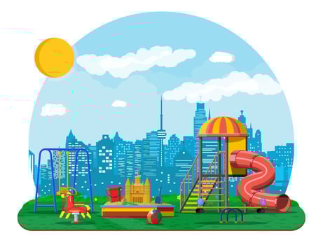 Kids playground kindergarten panorama. Urban child amusement. Slide ladder, rocking toy on spring, slide tube, swing carousel balancer, sandbox. Cityscape. Vector illustration flat style