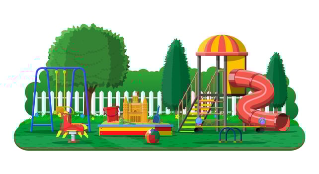 Kids playground kindergarten panorama. Urban child amusement. Slide ladder, rocking toy on spring, slide tube, swing carousel balancer, sandbox bucket rake castle scoop. Vector illustration flat style