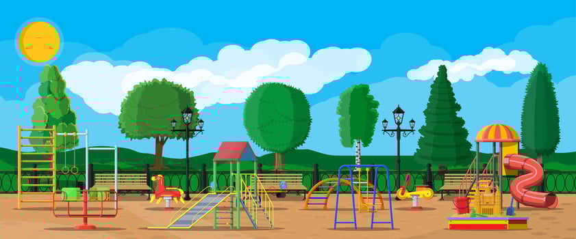 Kids playground kindergarten panorama. Urban child amusement. Slide ladder, rocking toy on spring, slide tube, swing carousel balancer, sandbox bucket rake castle scoop. Vector illustration flat style