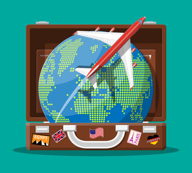 Travel suitcase with stickers of countrys and citys all over the world. Globe with travel destinations. Airplane. Vacation and holiday. Vector illistration in flat style