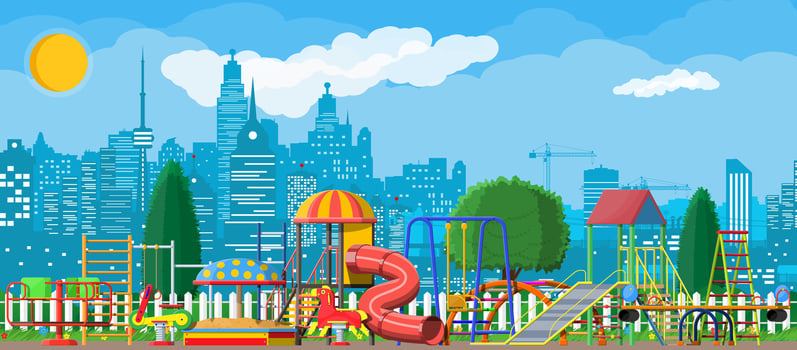 Kids playground kindergarten panorama. Urban child amusement. Slide ladder, rocking toy on spring, slide tube, swing carousel balancer, sandbox. City park. Cityscape. Vector illustration flat style