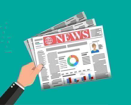 Daily newspaper in hands. News journal design. Pages with various headlines, images, quotes, text and articles. Media, journalism and press. Vector illustration in flat style.