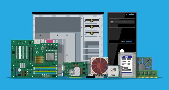 Motherboard, hard drive, cpu, fan, graphic card, memory, screwdriver and case. Set of personal computer hardware. PC components icons. Vector illustration in flat style
