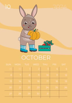 Vertical children calendar 2024. Month of October. Hare in rubber boots holds a large pumpkin in his hands next to a box of carrots. A5 format. Vector graphic.
