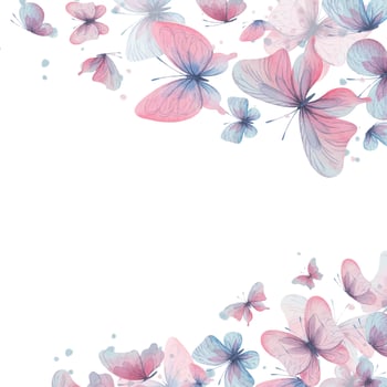Butterflies are pink, blue, lilac, flying, delicate with wings and splashes of paint. Hand drawn watercolor illustration. Frame square, template, wreath on a white background, for design. vector