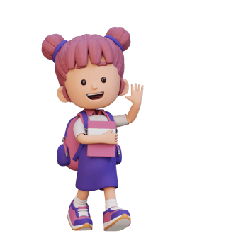3D happy girl character walking go to school holding book and waving hand png