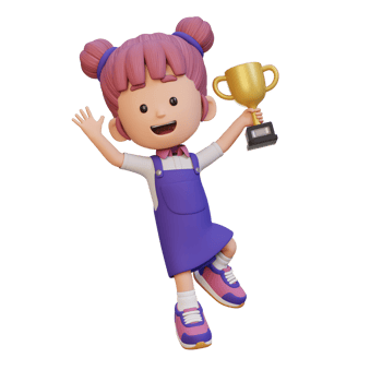 3D girl character celebrating win holding a trophy png
