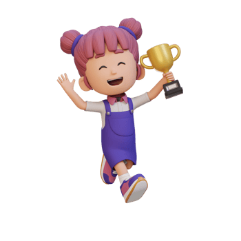 3D girl character celebrating win holding a trophy png
