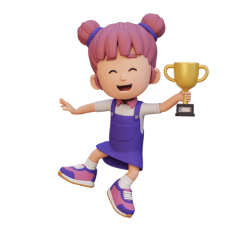 3D girl character celebrating win holding a trophy png