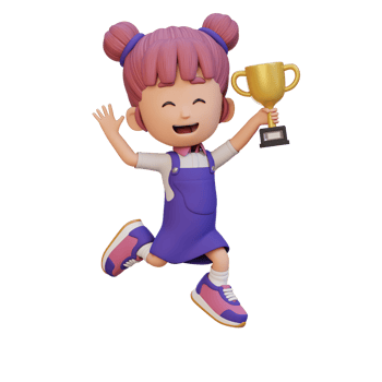 3D girl character celebrating win holding a trophy png