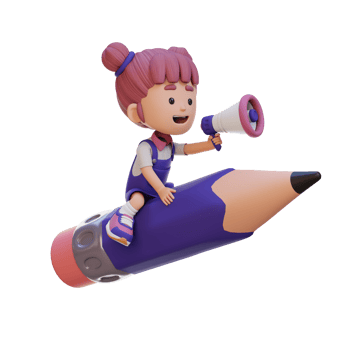 3D girl character riding a pencil and holding megaphone png