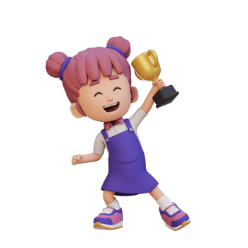 3D girl character celebrating win holding a trophy png