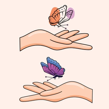 Hand holding butterfly. Flat design icon. Vector illustration