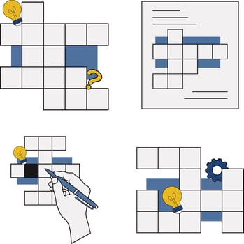 Set of Crossword Puzzle Day. With Pen, Lamp, and Hand. Isolated Vector Illustration.