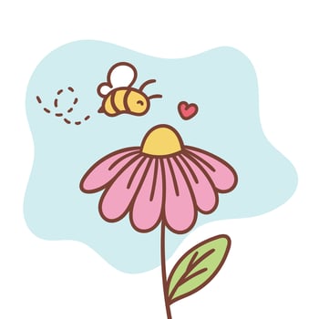 a cute bee flying towards a flower. flower and bee. hand hand drawing of a bee pollinating a flower. vector