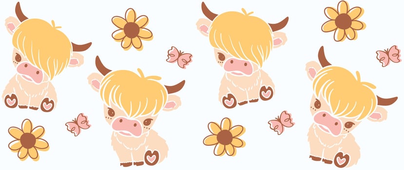 Cute baby highland cow Glass Can Wrap Pattern layered printable for 16 oz Libbey isolated on white background. vector