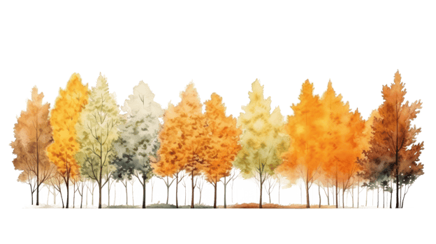 AI generated Autumn trees watercolor horizontal banner isolated on a transparent background. png