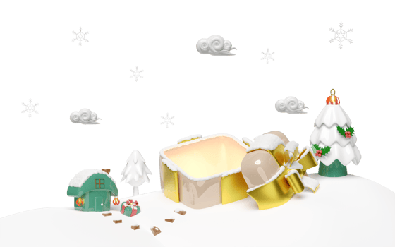 3d open gift box empty with house on snow hill, ornaments glass, pine tree, gift box, cloud, snowflake. merry christmas and happy new year, 3d render illustration png