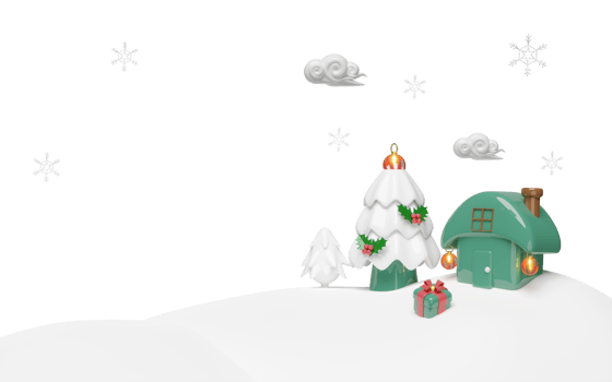 3d house on snow hill with ornaments glass, pine tree, gift box, cloud, snowflake. merry christmas and happy new year, 3d render illustration png