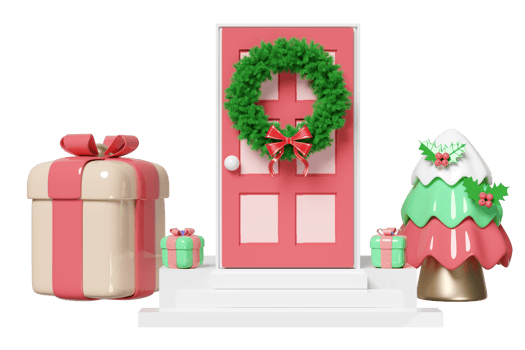 The front door is decorated with wreath pine leaves, ribbon, christmas trees and gift boxes. merry christmas and happy new year, 3d render illustration png