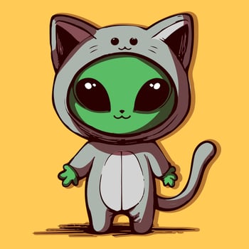 Cartoon character of an alien wearing a kawaii cat suit. Anthropomorphic animal wearing a costume, Halloween concept. vector