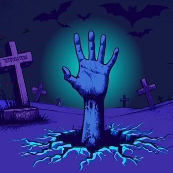 Vector of a zombie hand under neon and UV lights rising up from the grave for Halloween. Conceptual art and cemetery tombstone landscape