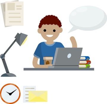 Man sits at table with laptop. Education and books. Conversation and speech. Set of business items. Clock, paper file document, lamp. Work freelance and programmer. Flat cartoon. Bubble text vector