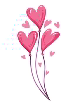 Three pink heart shaped balloons vector illustration isolated on vertical white background. Simple flat cartoon art styled valentines day themed drawing for card prints or social media post decor.