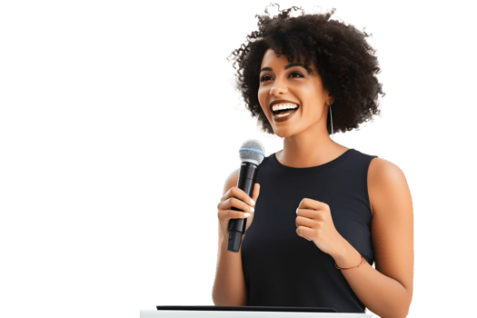 AI generated Young African-American girl with microphone in her hands gives a speech. Concept for speaking at business meetings. Without background png