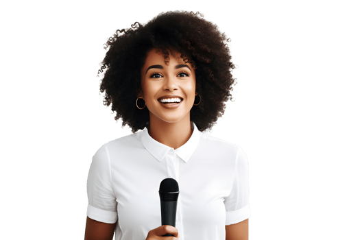 AI generated Young African-American girl with microphone in her hands gives a speech. Concept for speaking at business meetings. Without background png