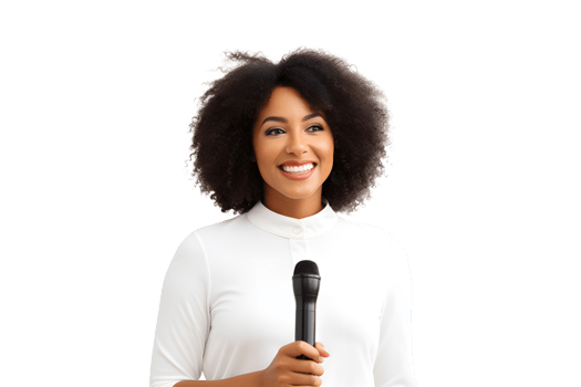 AI generated Young African-American girl with microphone in her hands gives a speech. Concept for speaking at business meetings. Without background png