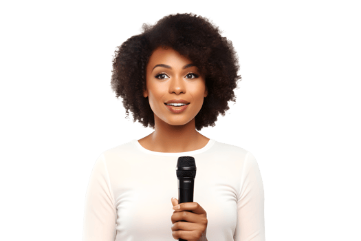AI generated Young African-American girl with microphone in her hands gives a speech. Concept for speaking at business meetings. Without background png